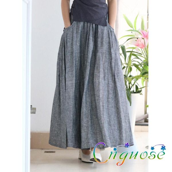 

skirts 2021 plus size spring and summer vintage casual 100% linen big pocket female a line pleated long maxi with womens, Black