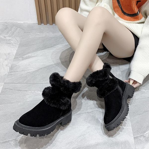 

dress shoes women's winter fashion snow boots keep warm fluffy thick-soled mid-calf plus velvet black ladies casual high quality