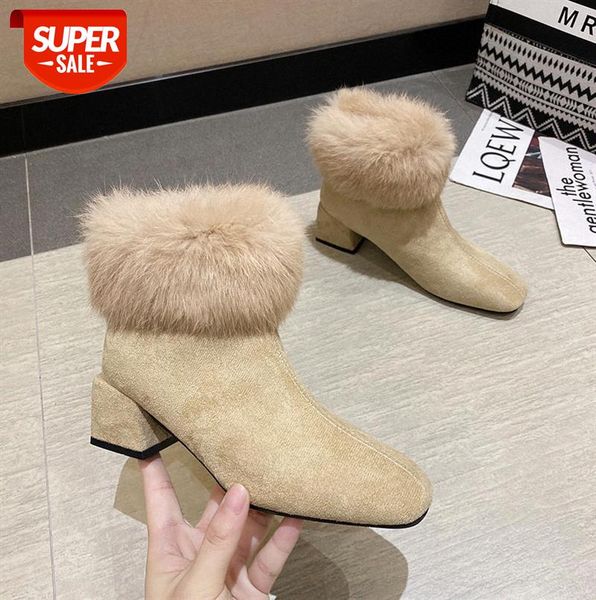 

korean version of all-match square toe short boots women's fashion hair mouth plus cotton cashmere warm shoes #r66u