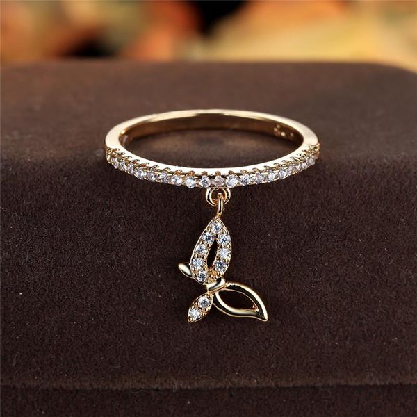 

wedding rings fashion cute small butterfly pendant ring vintage gold silver color white zircon engagement for women jewelry, Slivery;golden