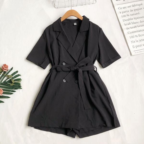 

arrival summer women casual lapel short-sleeved wide-leg shorts jumpsuit ladies solid lace up slim playsuit 210513, Black;white
