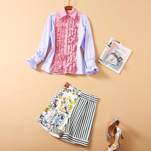 

dress european and american women's wear winter style long-sleeved shirt matching color court stripe print shorts fashion suit 160p, White