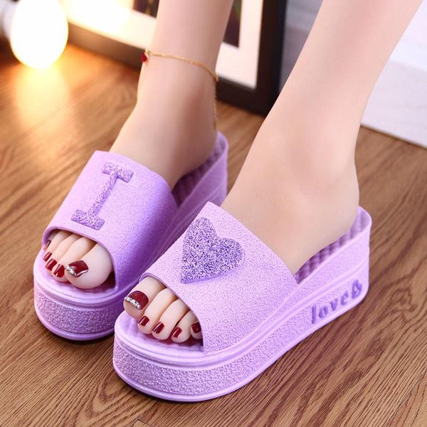 

purple cute korean version platform wedge house slippers bathroom non-slip shoes 2021 fashion elegant open toe womans, Black