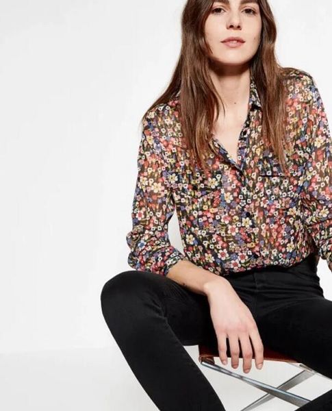 

women's blouses & shirts gold-line shirt, floral print, silver silk fabric, White