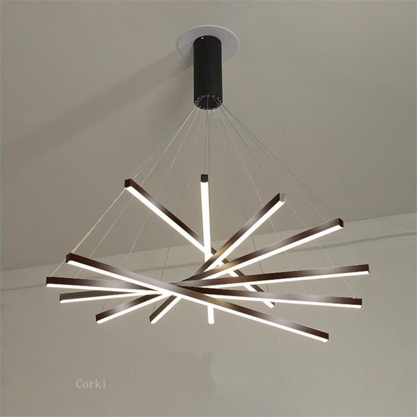 

pendant lamps duplex stair chandeliers modern simple black rectangular long led line lamp building high-rise empty living room hanging