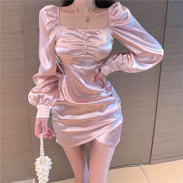 

vintage folds whie medium-length dress spring long sleeve slim buttocks high waist women 333g 210420, Black;gray