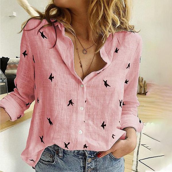

women's blouses & shirts blouse women long sleeve button print turn-down collar shirt loose casual office for 2021 spring, White