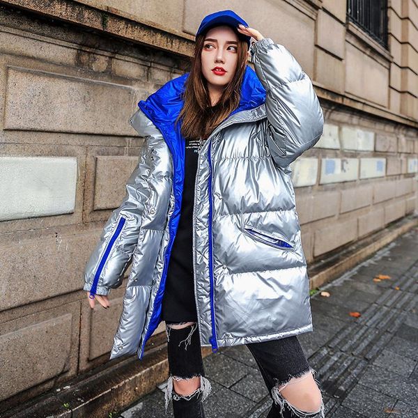 

women's trench coats loose coat winter women jacket outerwear 2021 glossy parka jackets large sizes silver thick my37, Tan;black