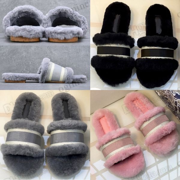 

designer wool slippers embroidered letters paris dway sandals flat bottoms sole fur slide slides womens warm fuzzy lady fashion fluffy furry, Black