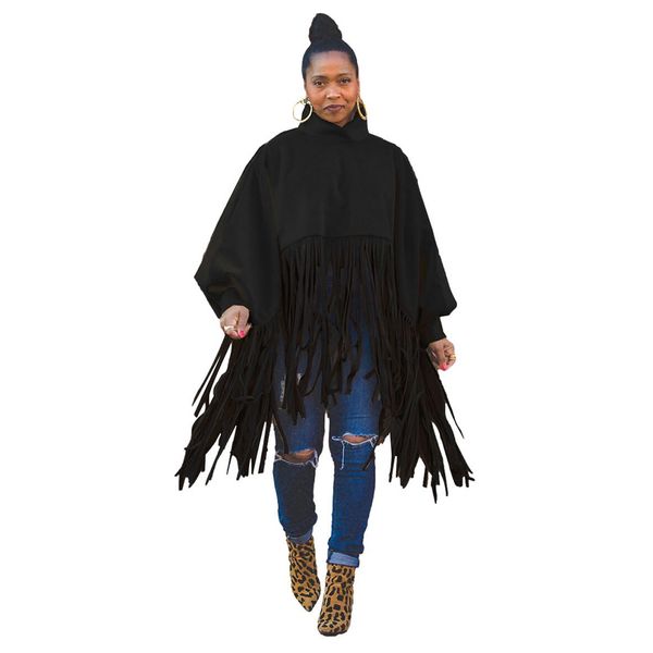 

women pullover shirts fringe sweatshirt loose long sleeve blouses mock neck tassel shawl wrap jacket streetwear plus size, White