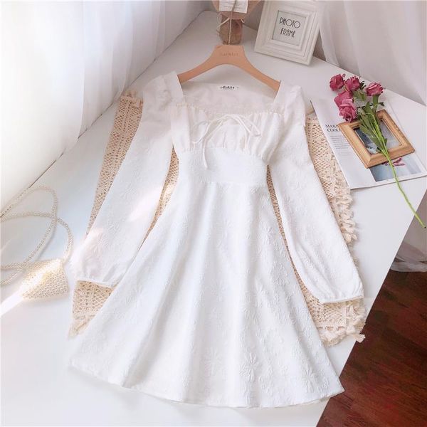 

casual dresses 2021 autumn french retro sweet bow ruffled high waist temperament girl long-sleeved dress base, Black;gray