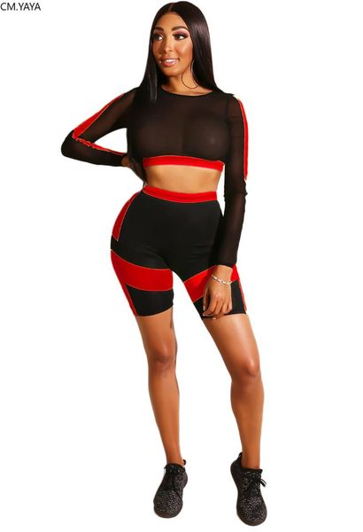 

two piece dress 2021 women stripes mesh splicing long sleeve t-shirt & shorts suit set fashion sportwear tracksuit outfit gla8172, White