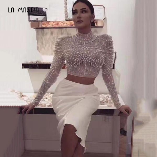 

two piece dress 2021 spring women's turtleneck long sleeve beaded bodycon bandage fashion celebrity runway party vestidos, White