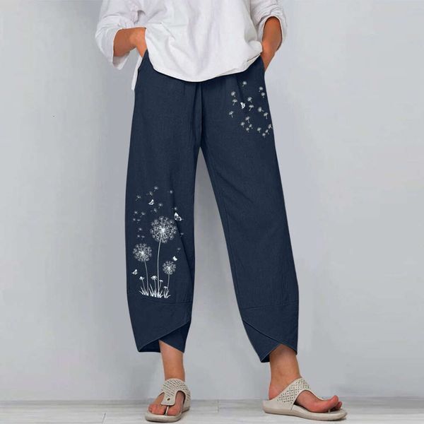 

cotton hemp fashion printed dandelion butterfly casual pants, Black;white