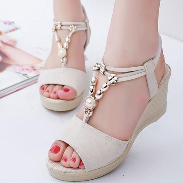

summer 2021 female gladiator sandals wedge high heel platform laminated shoes peep toe beaded casual women fashion open fish dress, Black