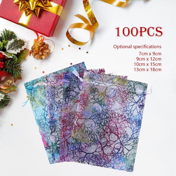 

christmas decorations 100 pcs/lot 7x9 9x12 10x15 13x18 cm drawstring pouches colorful organza bags jewelry packaging wedding favor gift