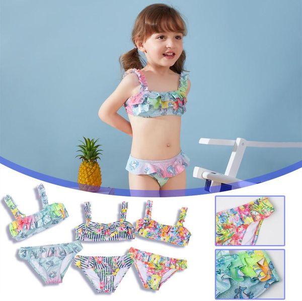 

one-pieces toddler girls kids swimsuit sling flower dolphin print beach ruffle bikini suit swimwear 2021 maillot de bain fille e1, Black