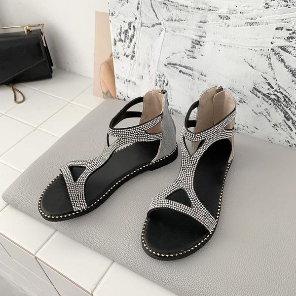 

sandals elegant casual rhinestone women low heels slip-on flats shoes summer solid colors non-slip street fast, Black