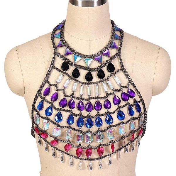 

belts boho metal chain bra women's harness strap decorative colorful crystal body beach carnival rave accessories, Black;brown