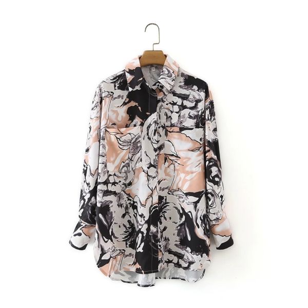 

vintage women digital printing side slit casual shirt female long sleeve blouse lady loose blusas s8786 210430, White