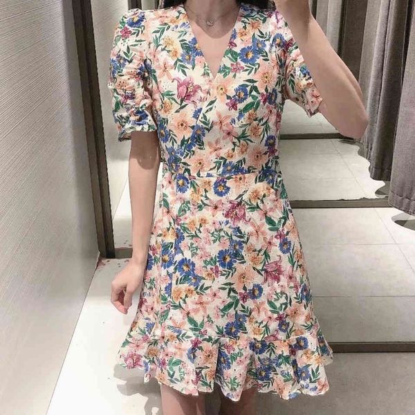 

elegant floral print v-neck summer women dress retro short sleeve mini dresses high waist a-line chic streetwear 210521, Black;gray