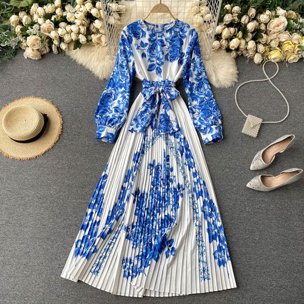 

women vintage print dress autumn o neck puff sleeve bow sashes a line maxi dress casual vacation pleated long dress 210419, Black;gray
