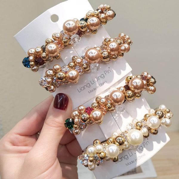 

hair clips & barrettes korean temperament spring clip pearl one word hairpin ladies rhinestone fashion headdress, Golden;silver