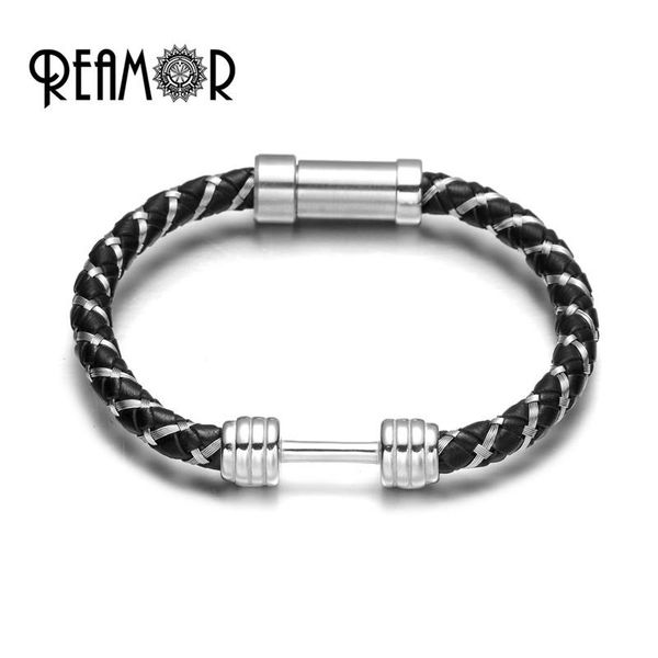

charm bracelets reamor 6mm black steel wire braided dumbbell leather bracelet for cool men stainless jewelry trendy diy, Golden;silver