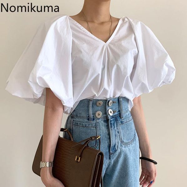 

women's blouses & shirts nomikuma fashion v neck puff sleeve women sliod color backless lace up casual blouse female korean blusas 3b9, White