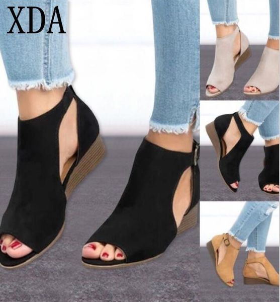 

woman wedge buckles fish mouth sandals gladiator women mid heel ladies summer peep toe shoes, Black