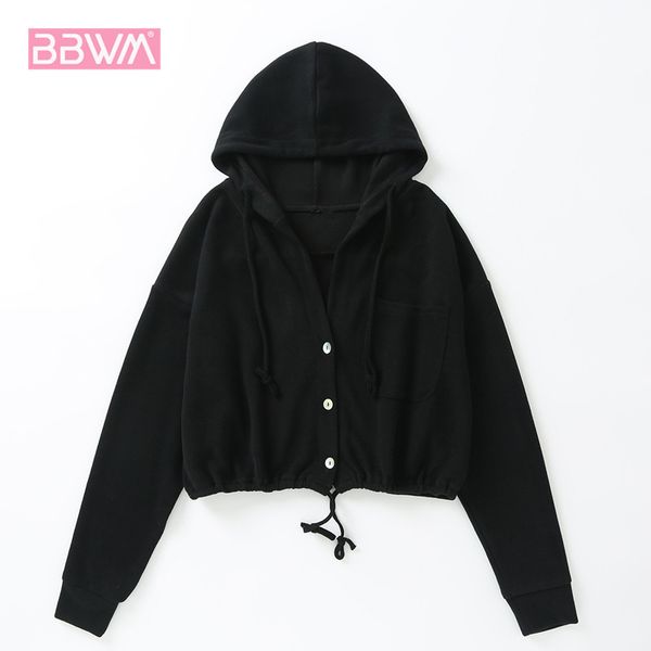 

autumn long-sleeved hooded drawstring loose chic women's sweater single-breasted candy-colored female sweater 210507, Black