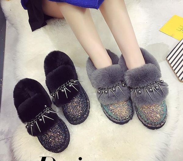 

boots winter women sequins snow fashion rivet chain cotton shoes students comfortable non-slip shiny warm 36-41, Black