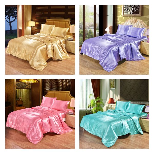 

pure color tencel four piece set of simple imitation silk satin bedding