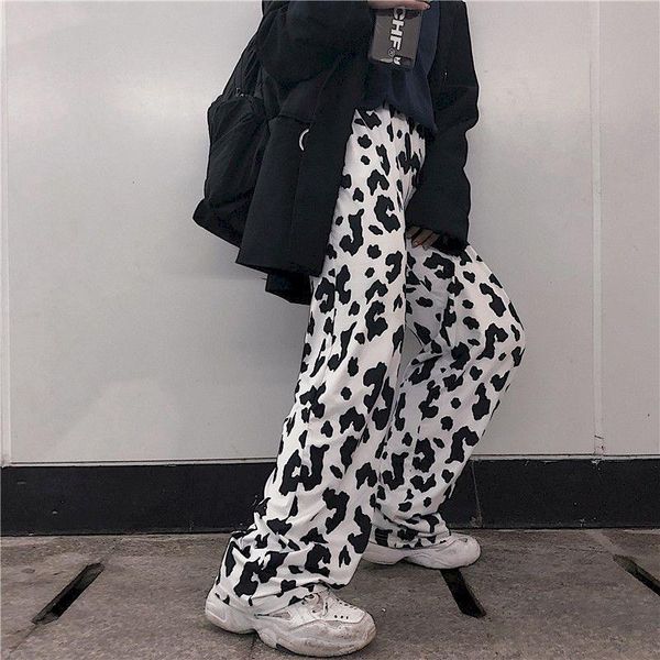 

high waist cow print women capri sweatpants womans wide leg straight plus size casual streetwear trousers ankle length, Black;white