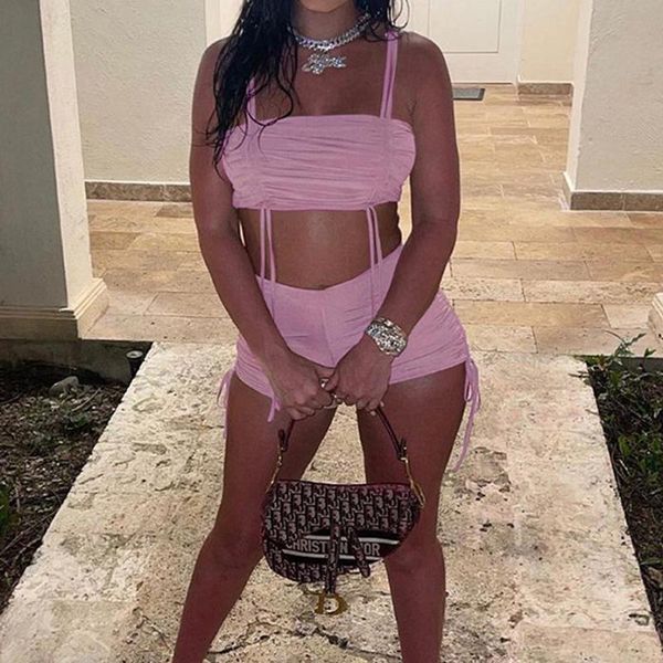 

women's tracksuits drawstring strappy backless and bandage mini shorts summer y2k fashion ruched matching set club streetwear, Gray