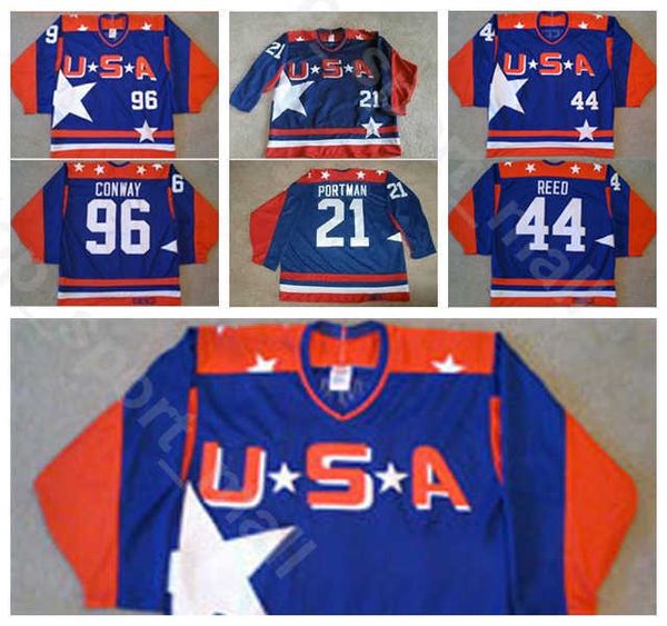 

men ice hockey usa movie jerseys vintage 96 charlie conway 21 dean portman 44 fulton reed jerseyss team color blue all stitched quality, Black
