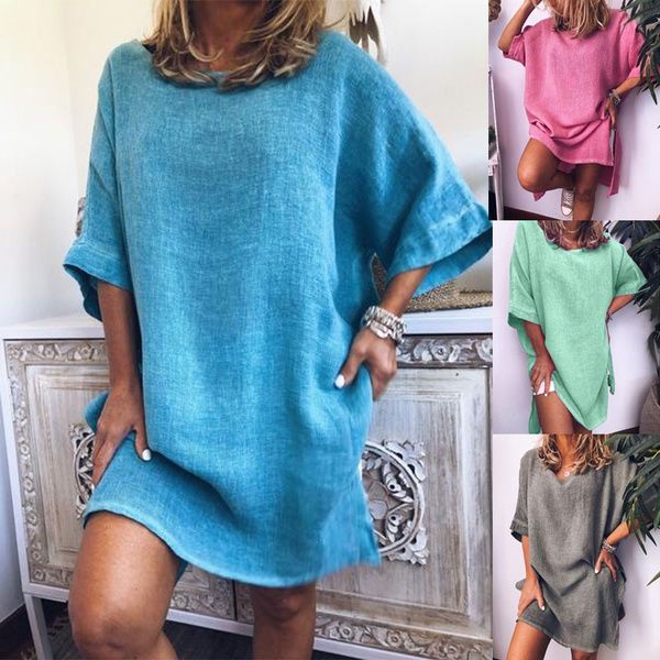 

xs-8xl plus size fashion summer clothes women's casual short sleeve oversized long blouses ladies solid color t-shirt dress loose linen, White