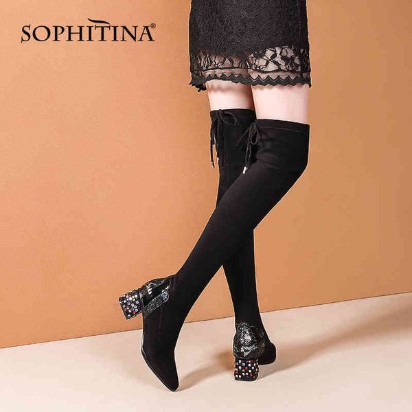 

sophitina fashion women's boots casual over-the-knee lace-up round toe crystal square heel shoes tpr non-slip shoes women so665 210513, Black