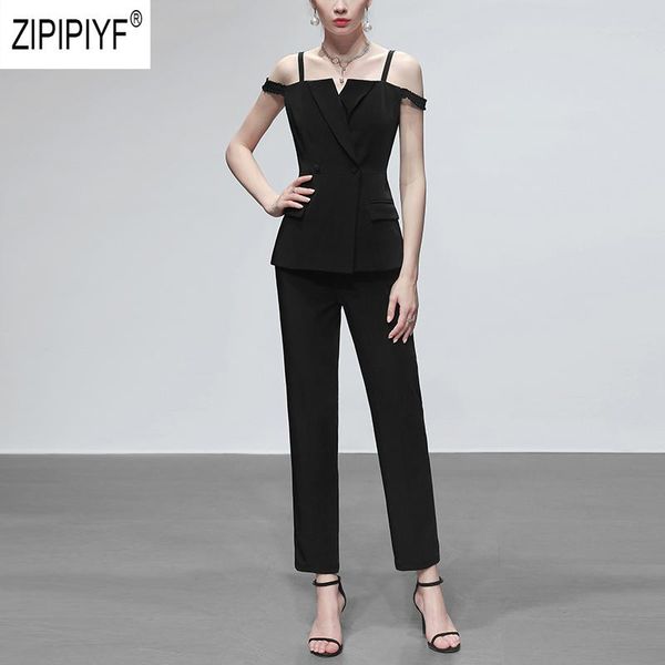 

summer fashion women sets off the shoulder double buttons v neck blazers zipper up pencil black long fitted pant z1674 women's two piec, White