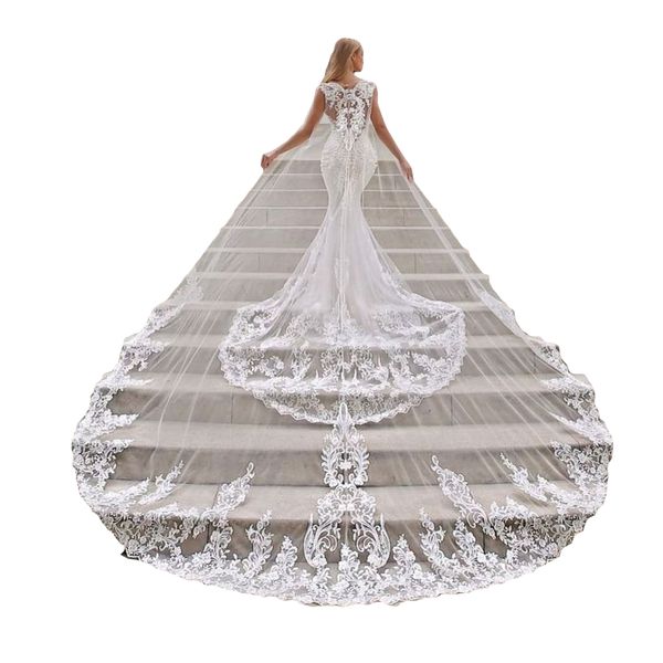 

drip-shaped veil drags down from the waist appliques lace bridal for girls cathedral luxury long chapel length simple retro wedding p, Black