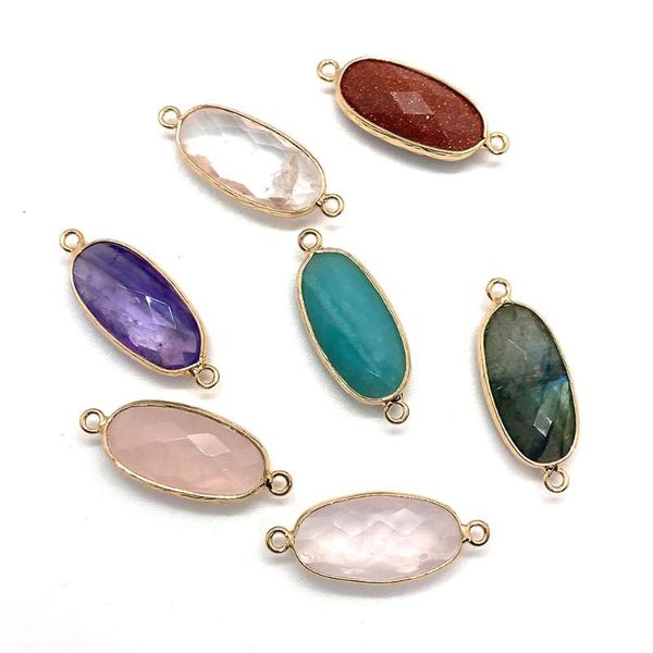 

faceted egg shaped natural stone connector diy handmade jewelry making amethyst double hole pendant necklace bracelet 11x27mm charms, Bronze;silver