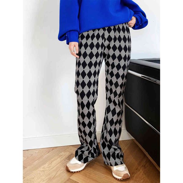 

women's pants & capris rhomboid knitted 2021 spring casual elastic waist loose trousers korean plaid wide leg straight ayxx, Black;white