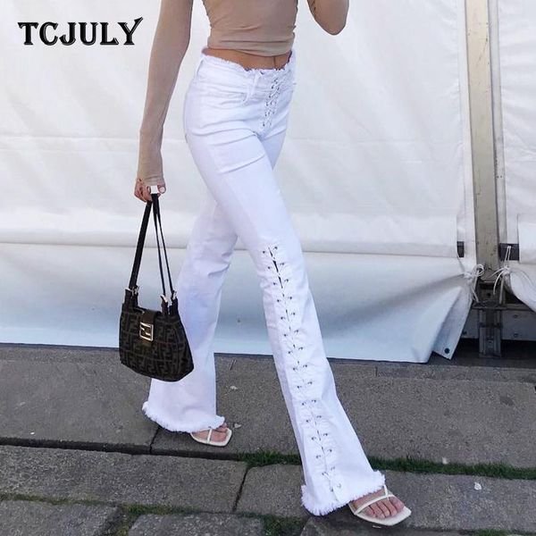 

women's jeans tcjuly spring 2021 fashion cotton drawstring flared skinny push up stretchy tassel denim pants streetwear slim white, Blue