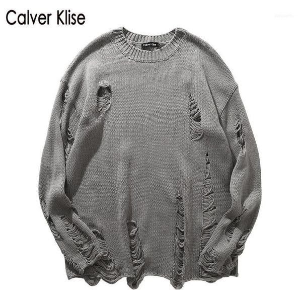

men's sweaters calver klise mens ripped destroyed holes distressed knitted jumpers hip hop fashion knitwear wool punk pullover1, White;black
