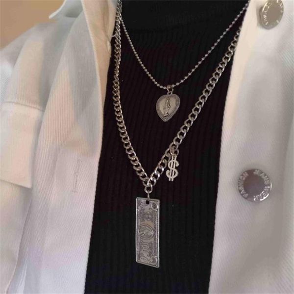 

pendant necklaces double hip hop necklace banknote heart for 2021 fashion multi layer decot jewelry bh, Silver