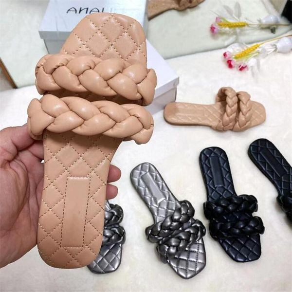 

slippers women woven slip on slides fashion square toe leather flat sandal female outdoor casual flip flops i2ph, Black