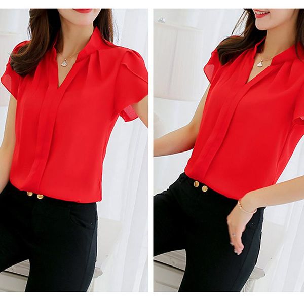 

ladies short sleeve chiffon casual elegant formal office pure color fashion blouse women's blouses & shirts, White