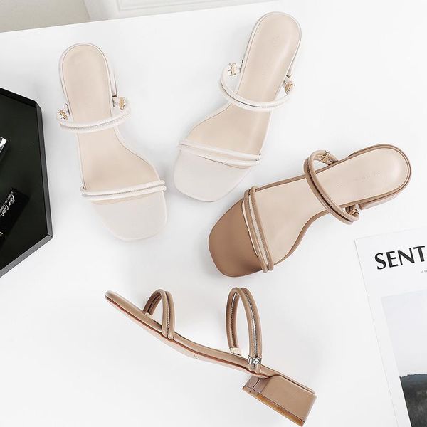 

summer women slide slippers sandals shoes woman narrow band casual square high heels pumps elegant lady work footwear, Black