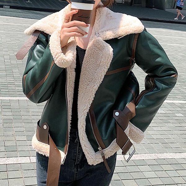 

women's jackets women winter faux shearling sheepskin fake leather lady thick warm suede lambs short motorcycle bomber jacket coats, Black;brown