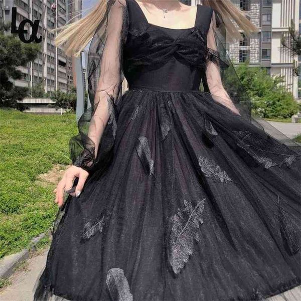 

kawaii vintage summer gothic dress women elegant lolita black revolve casual princess puff sleeve fairy 210519, Black;gray